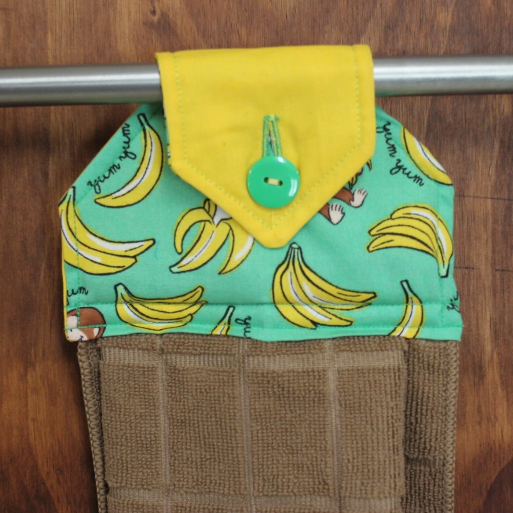 CURIOUS GEORGE HAND TOWEL GREEN & YELLOW HANDMADE HANGING KITCHEN TAN MICROFIBER